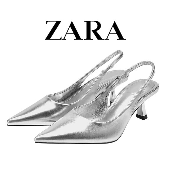 ZARA Silver Metallic Pointed Toe Slingback Kitten Heel Pumps Party Evening Chic - Picture 1 of 13